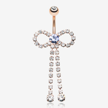 Rose Gold Radiant Sparkles Bow-Tie Belly Button Ring-Clear Gem/Tanzanite